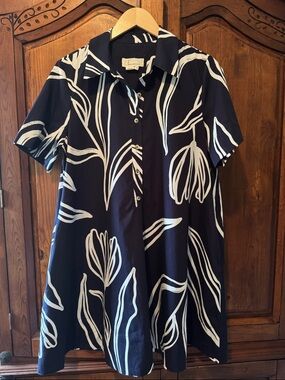EUC ANTHROPOLOGIE POLLIE SHORT SLEEVE SWING DRESS NAVY WITH WHITE SIZE MEDIUM